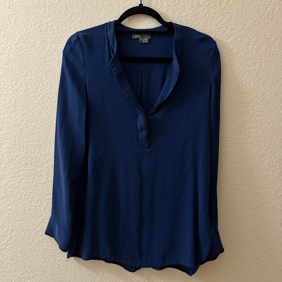 Vince Long Sleeve Silk Tunic Cobalt Blue Flowy V-neck Top with Black Piping - Picture 1 of 6